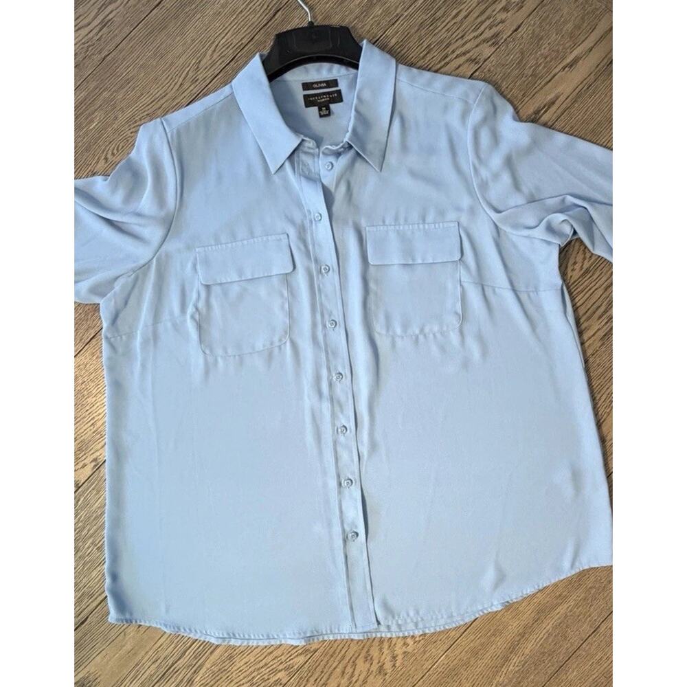 Investments Olivia Button-Up Roll-Tab Sleeves Womens Light Blue Blouse Plus 1X